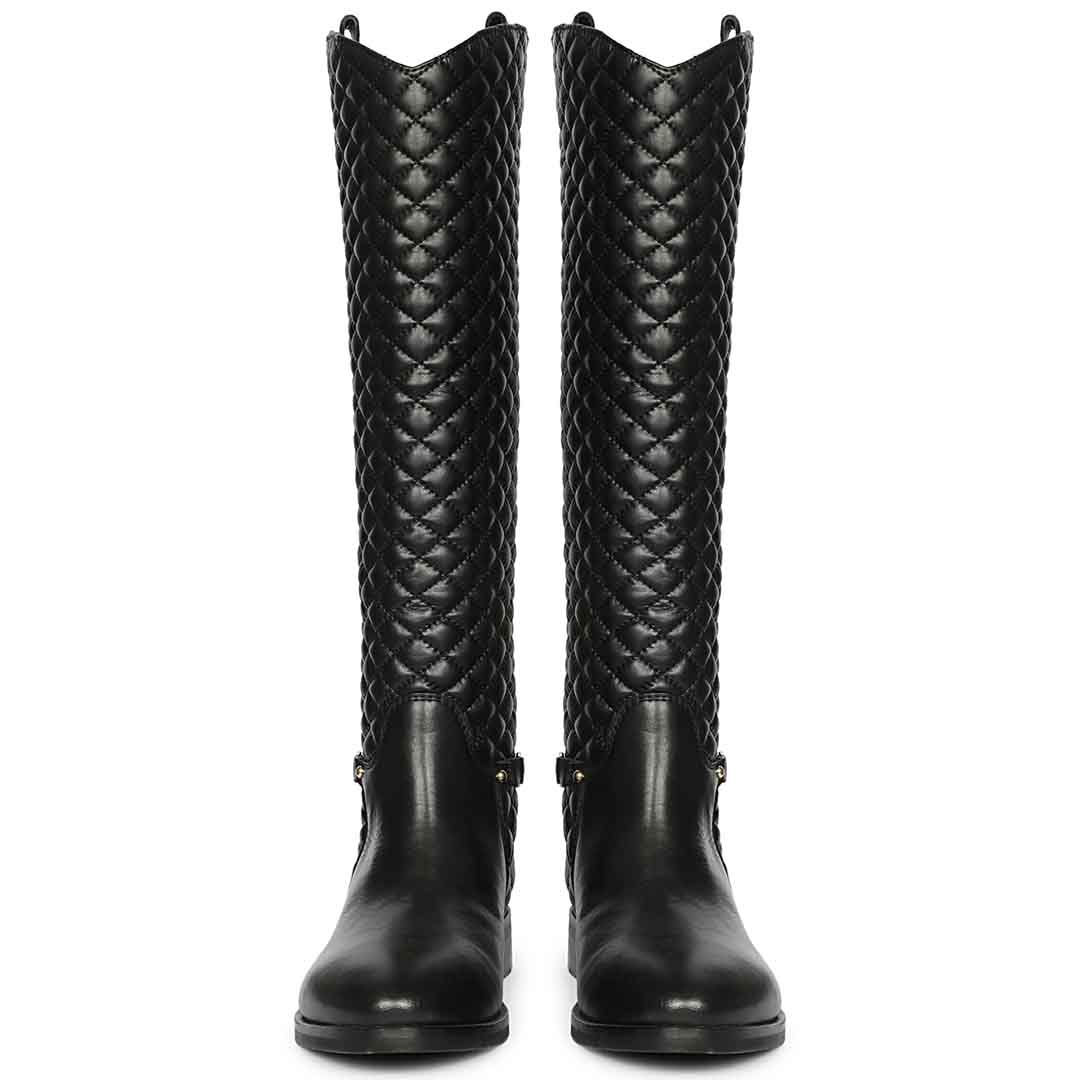 Women's quilted black leather knee high boots, front pair view