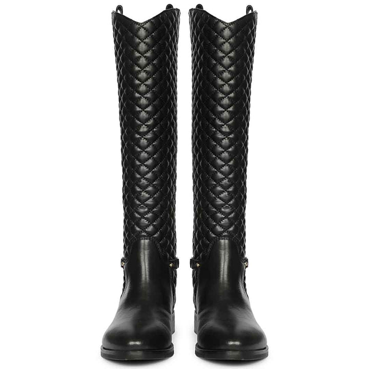 Women's quilted black leather knee high boots, front pair view