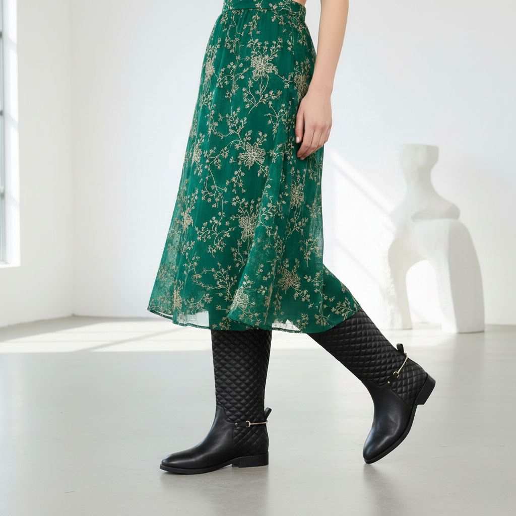 Women's quilted black leather knee high boots by Saint Celestine, styled with a green floral skirt, lifestyle view