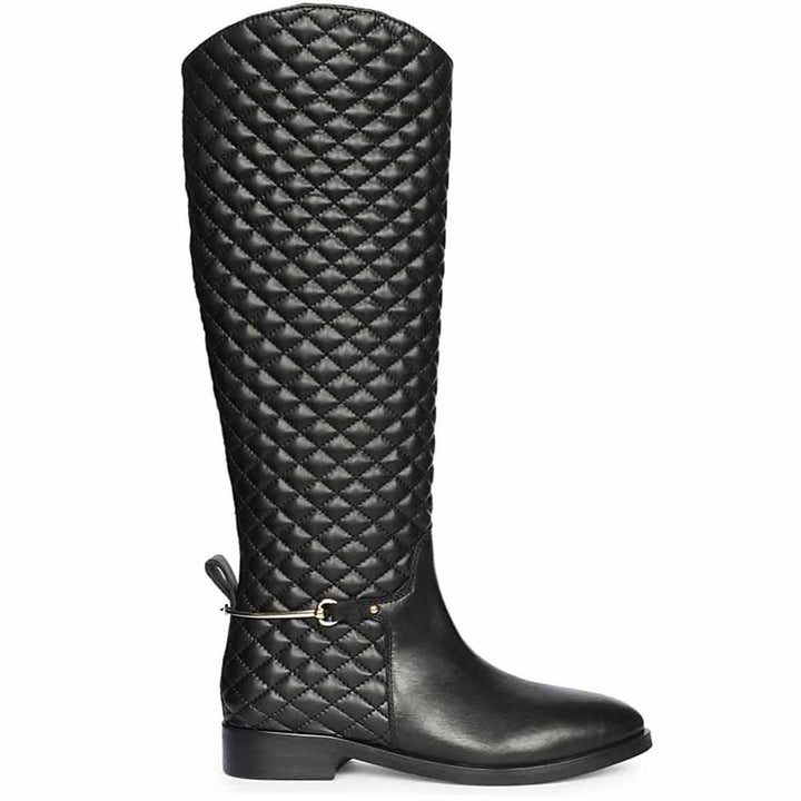 Saint Celestine quilted black leather knee high boots for women, side view of diamond quilting