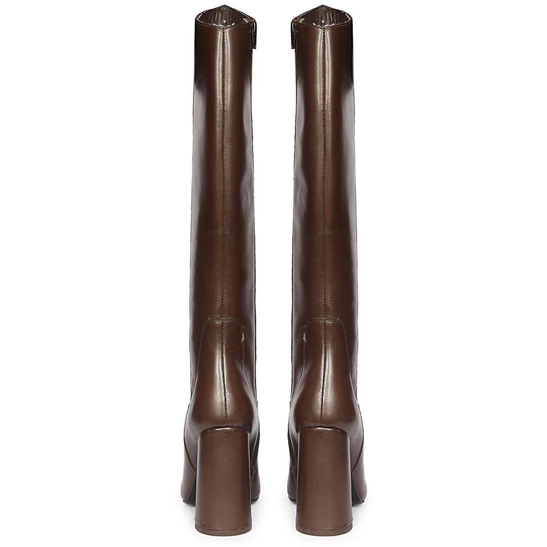 Saint Celia brown block heel boots, back pair view showing chunky heel
