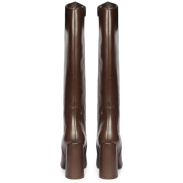 Saint Celia brown block heel boots, back pair view showing chunky heel