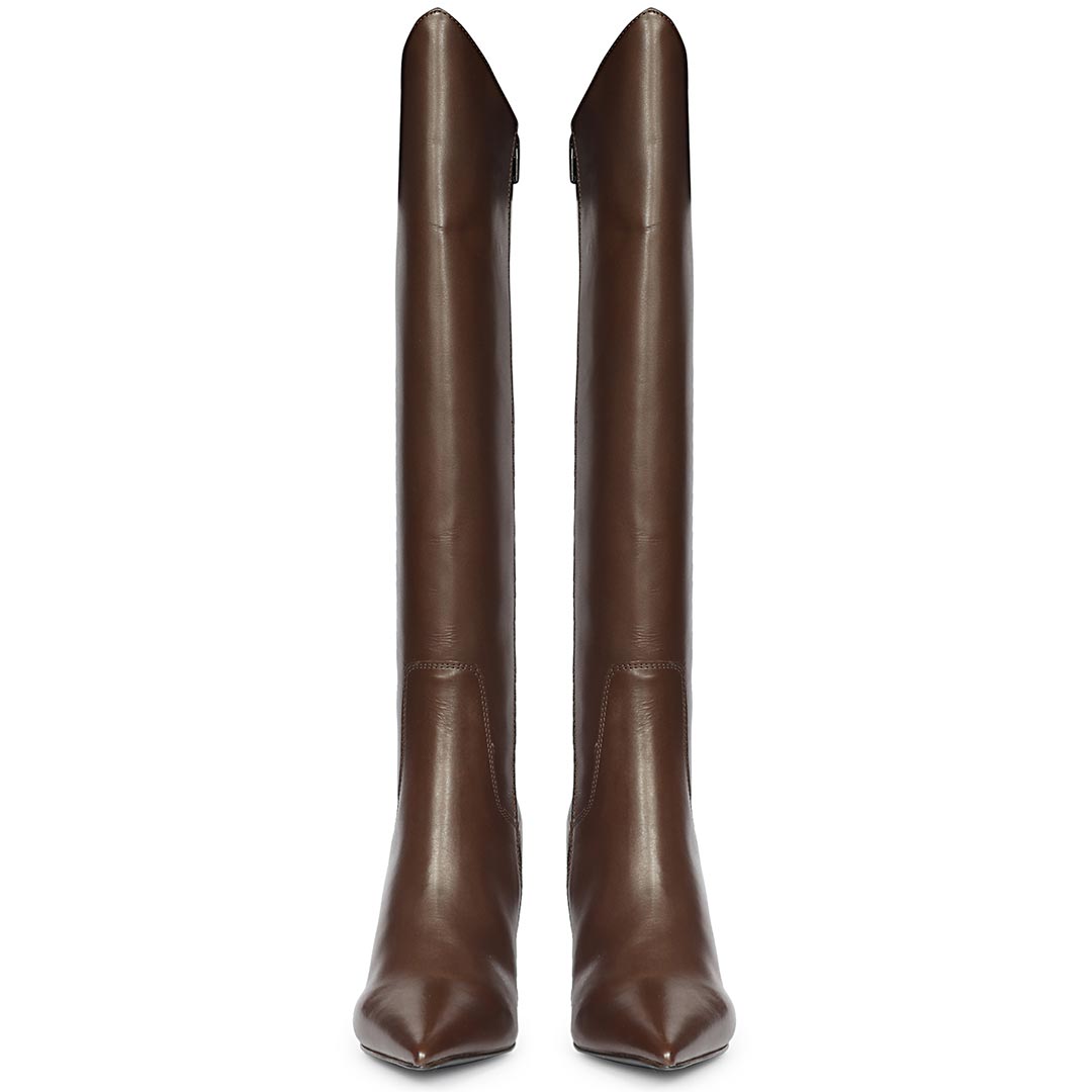 Women's brown block heel knee high boots, front pair view