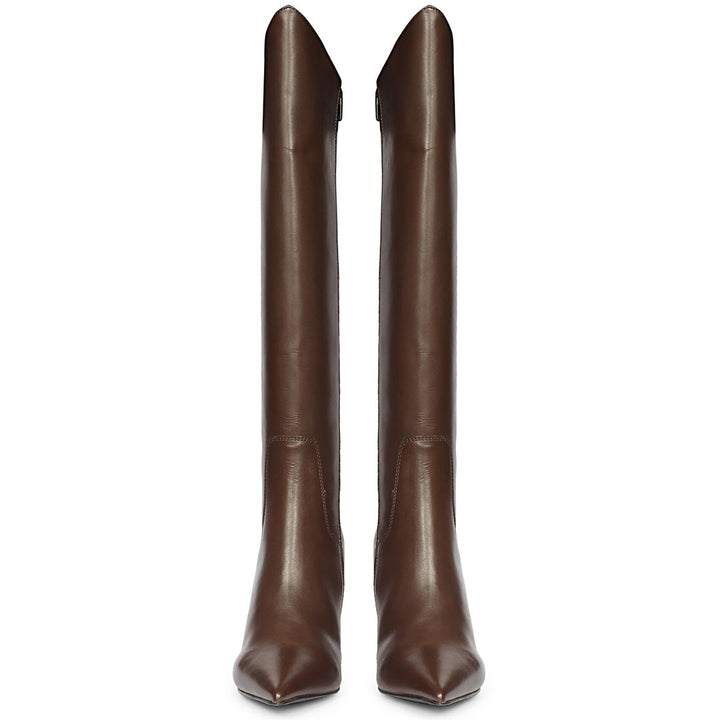Women's brown block heel knee high boots, front pair view