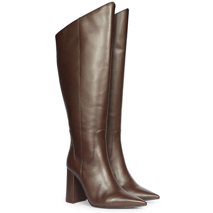 Brown block heel knee high boots for women UK, pair view showing angled toe