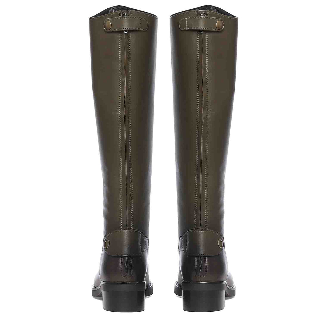 Saint Chloe olive leather knee high boots, back pair view showing button tab