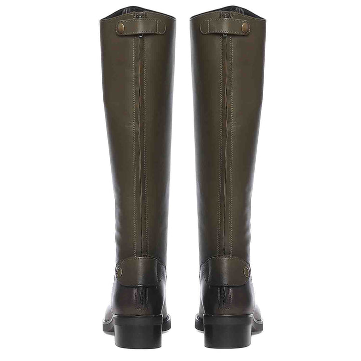 Saint Chloe olive leather knee high boots, back pair view showing button tab