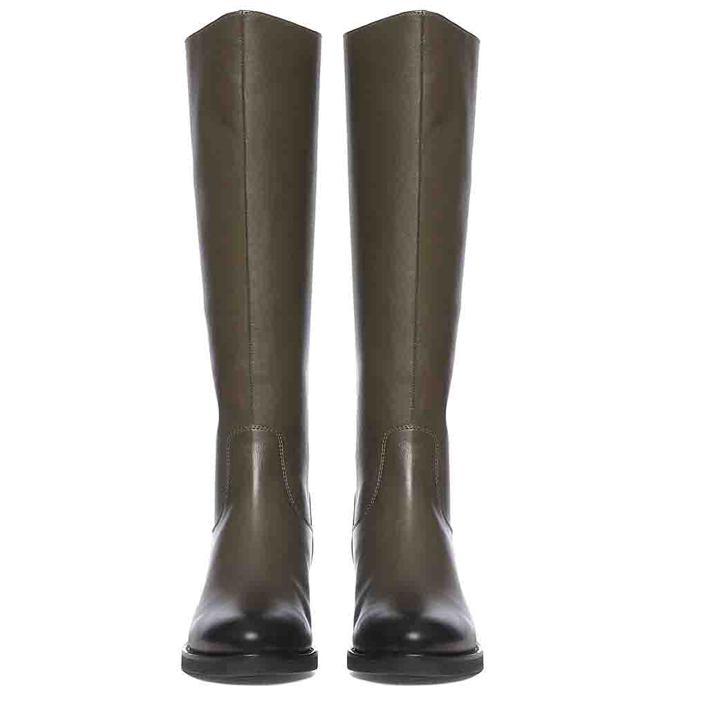 Olive leather knee high boots for women UK, front pair view