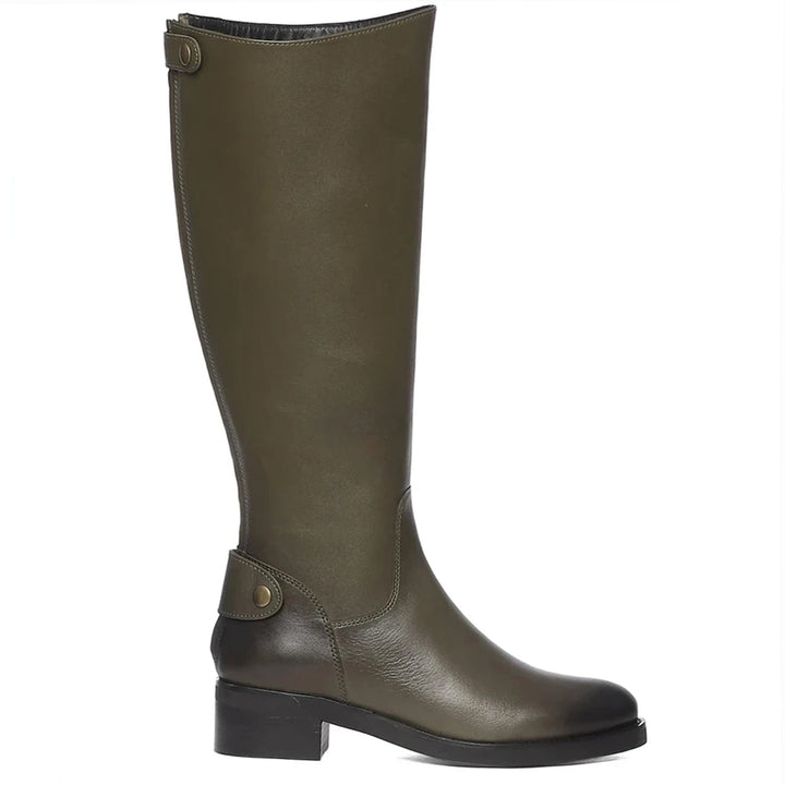 Saint Chloe olive leather knee high boots for women, side view of button tab detail