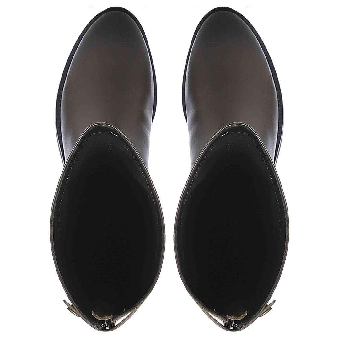Saint Chloe olive leather knee high boots, top-down view of toe and sole