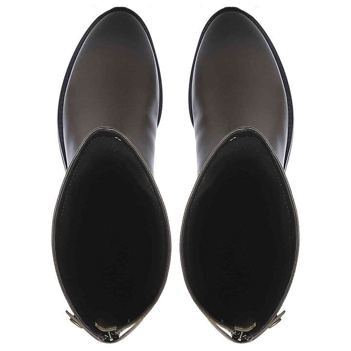 Saint Chloe olive leather knee high boots, top-down view of toe and sole