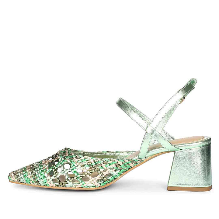 Low block heels for women green metallic block heel – angle view