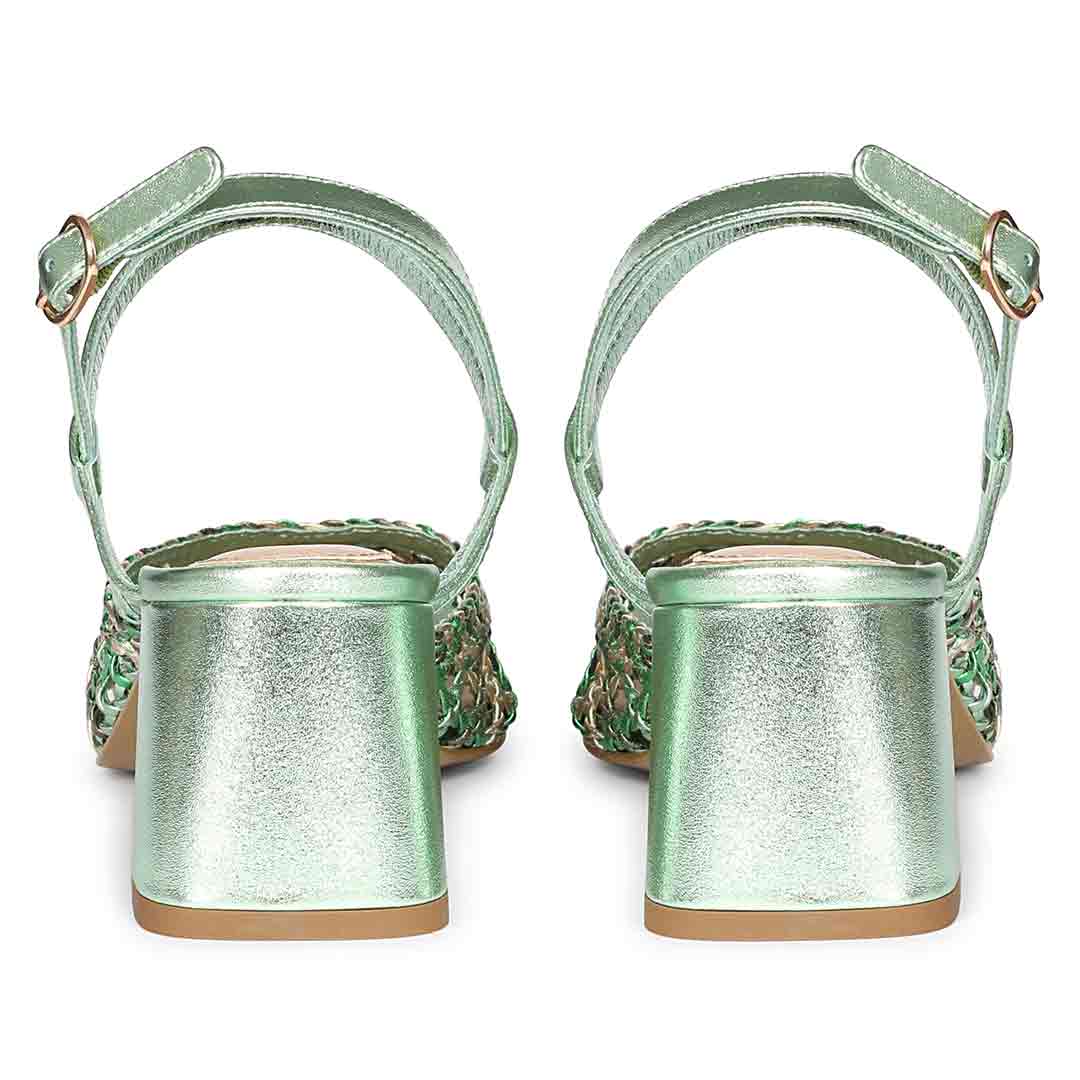 Green low block heels woven leather texture sole – back view