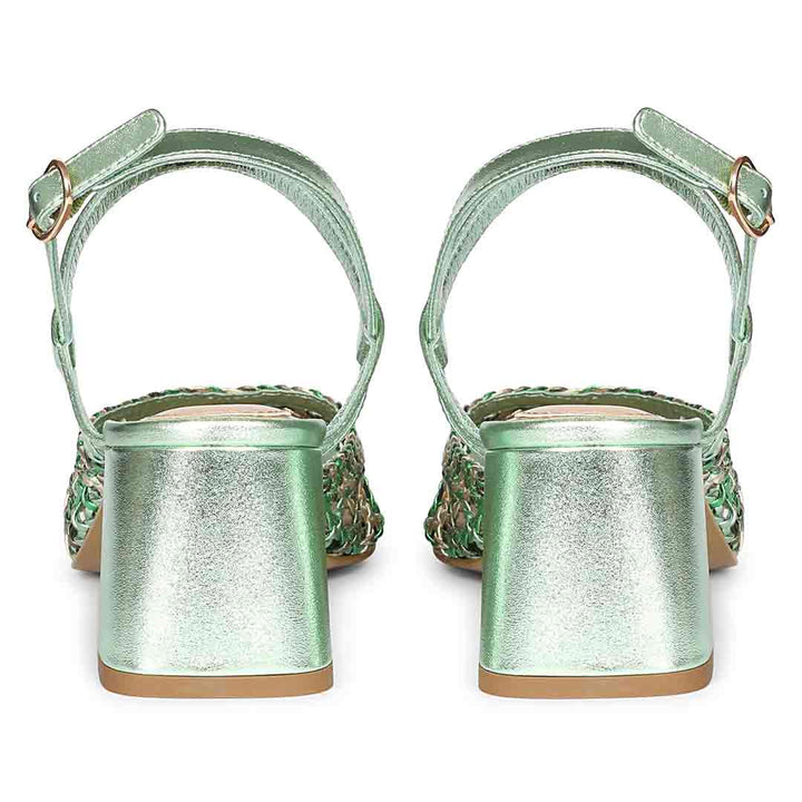 Green low block heels woven leather texture sole – back view