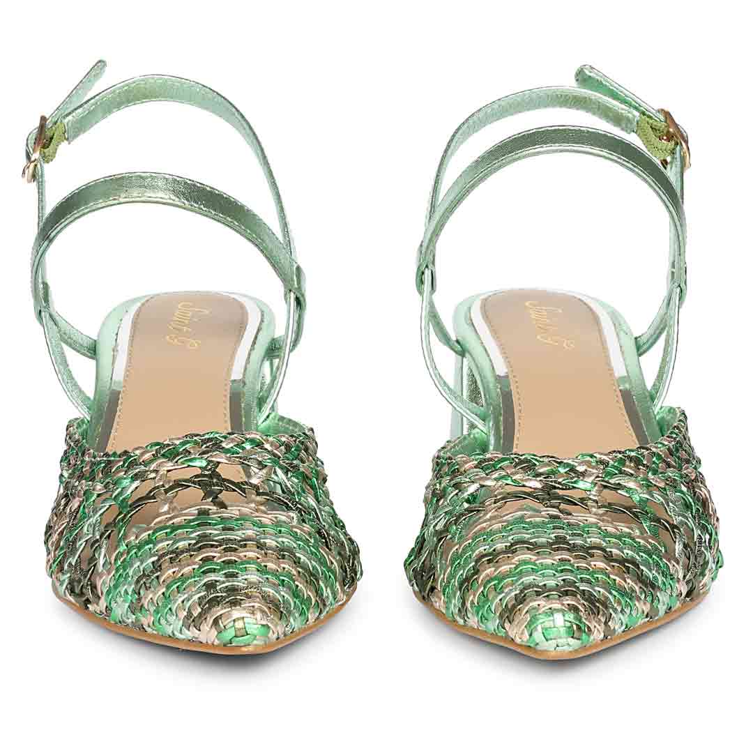 Green low block heels woven leather for women - front view