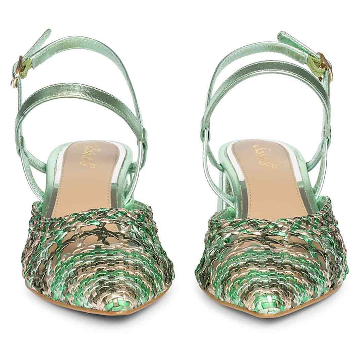 Green low block heels woven leather for women - front view