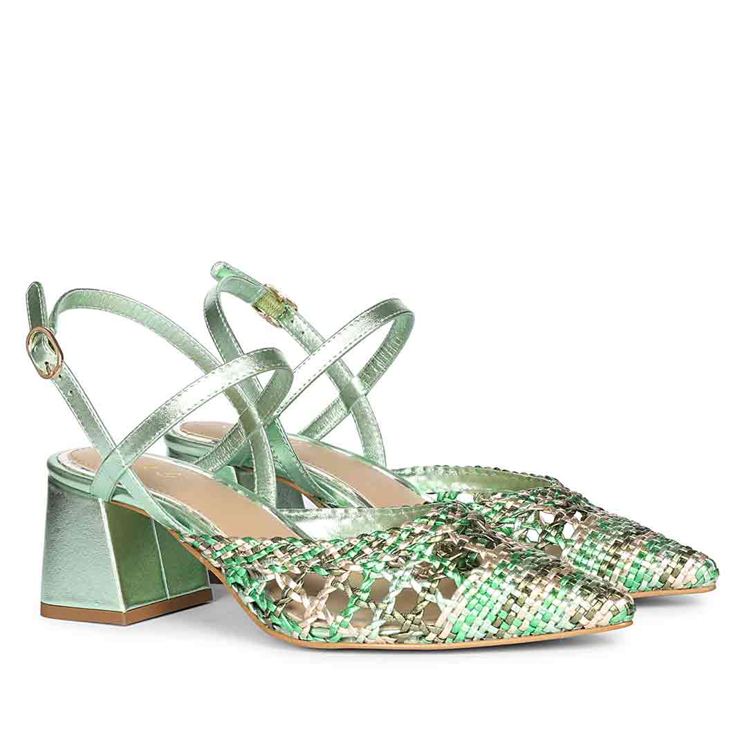 Green low block heel sandals crossed ankle strap – pair angle view