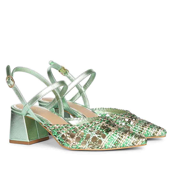 Green low block heel sandals crossed ankle strap – pair angle view