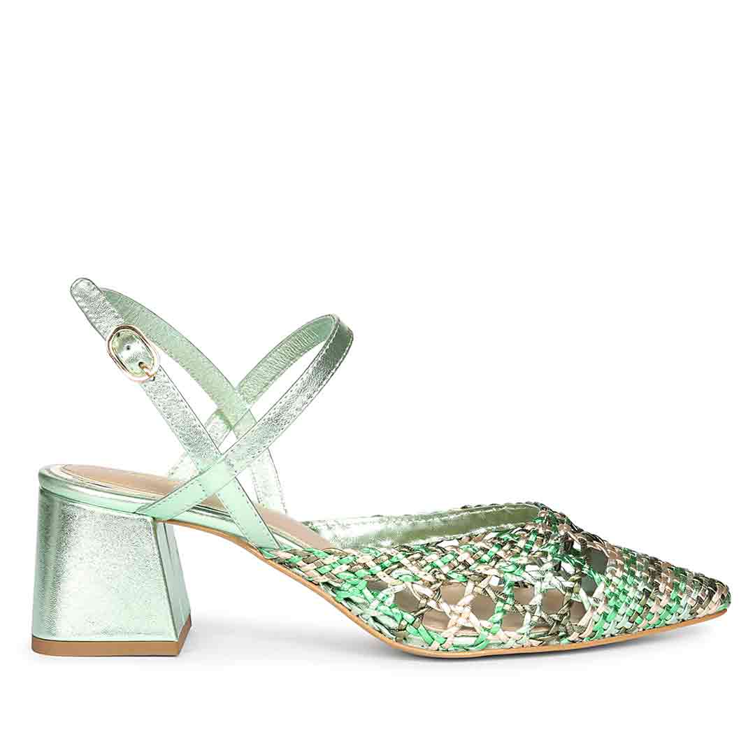 Green low block heels for women woven pointed toe – side view