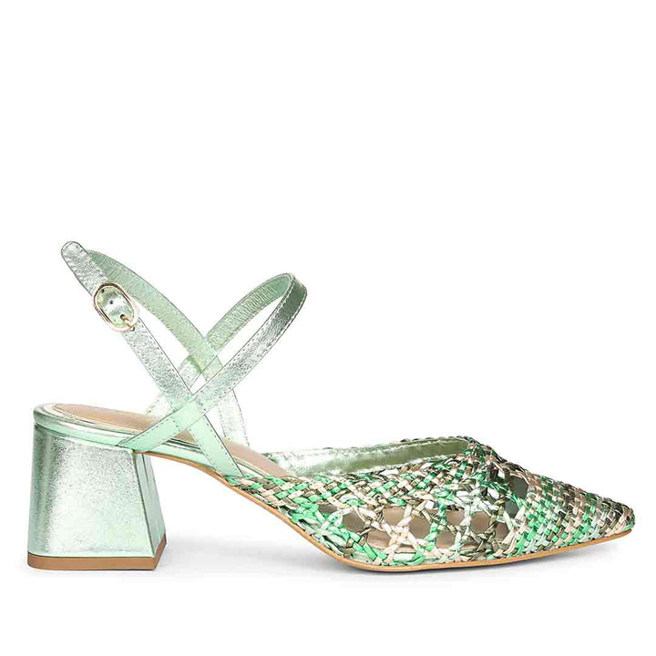 Green low block heels for women woven pointed toe – side view