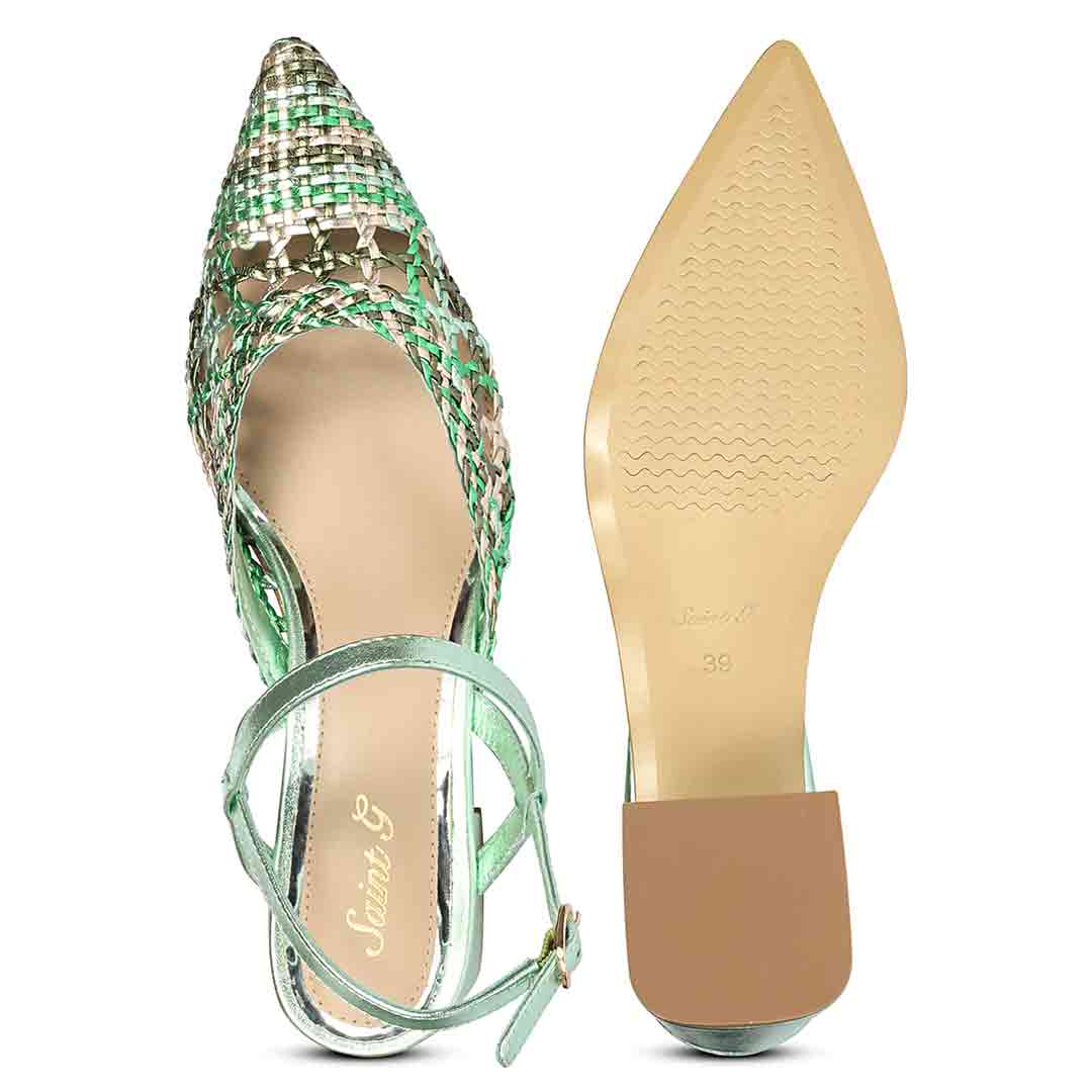 Green low block heels woven pointed toe sandals – top view