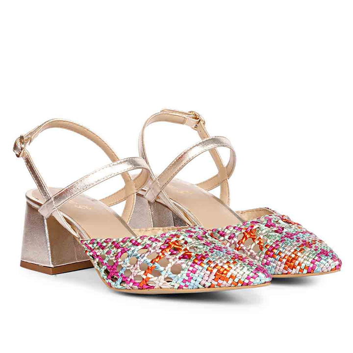 Multi low block heel shoes leather sole detail – pair angle view