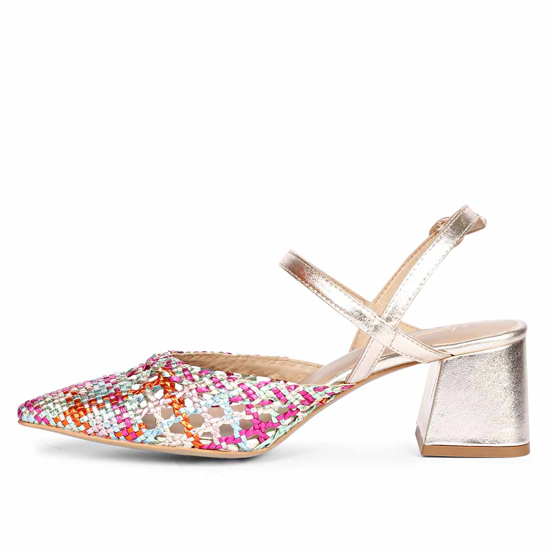 Multi low block heels gold block heel woven upper – angle view