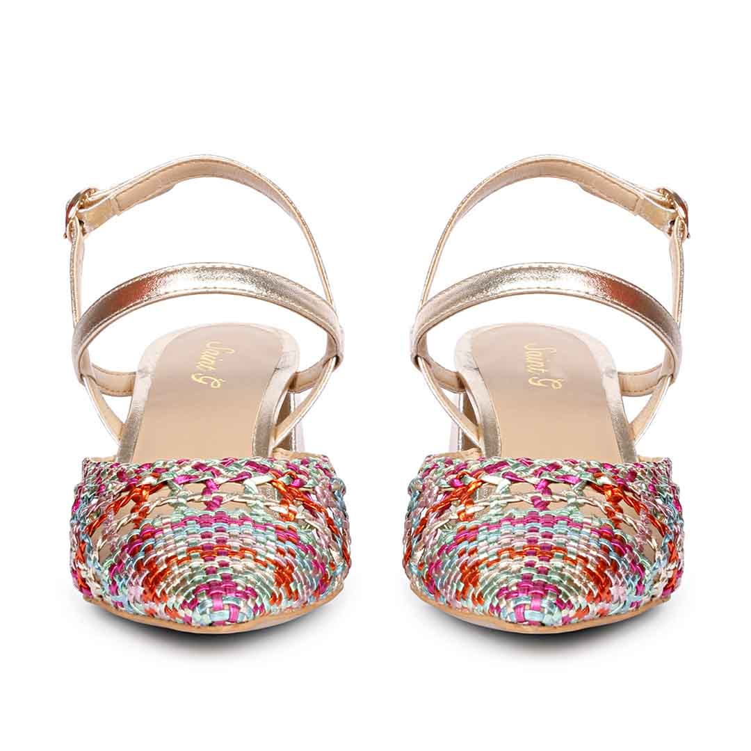 Low block heel sandals for women crossed ankle strap – front view