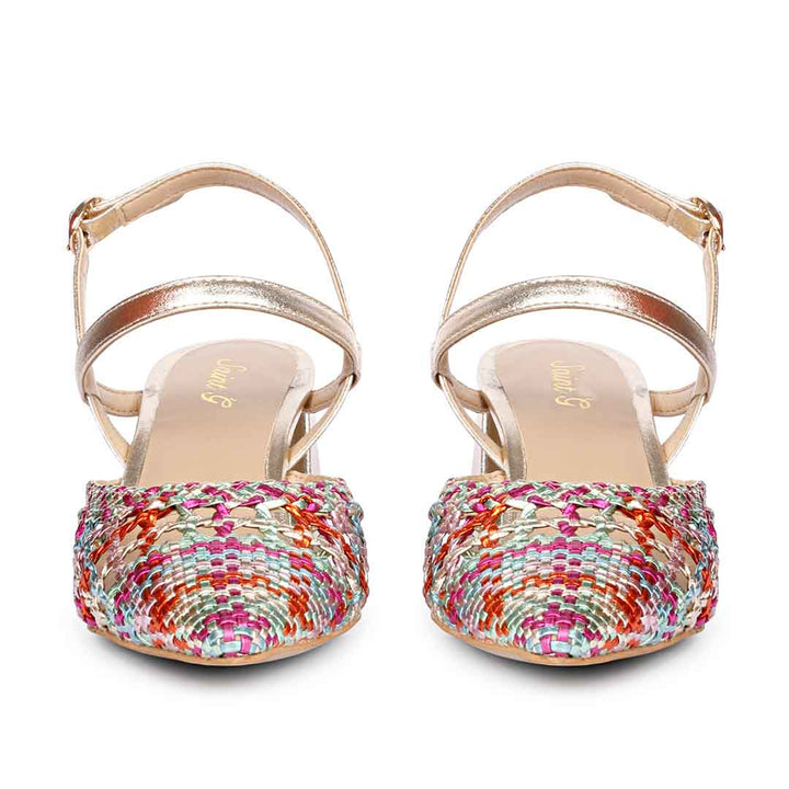 Low block heel sandals for women crossed ankle strap – front view