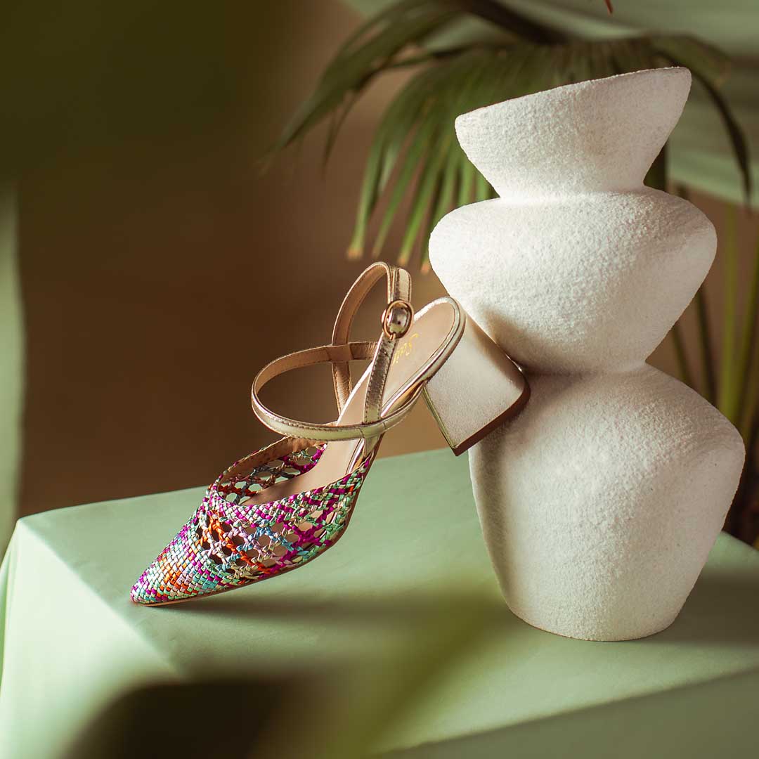 Multi low block heel shoes woven leather styled shot – lifestyle