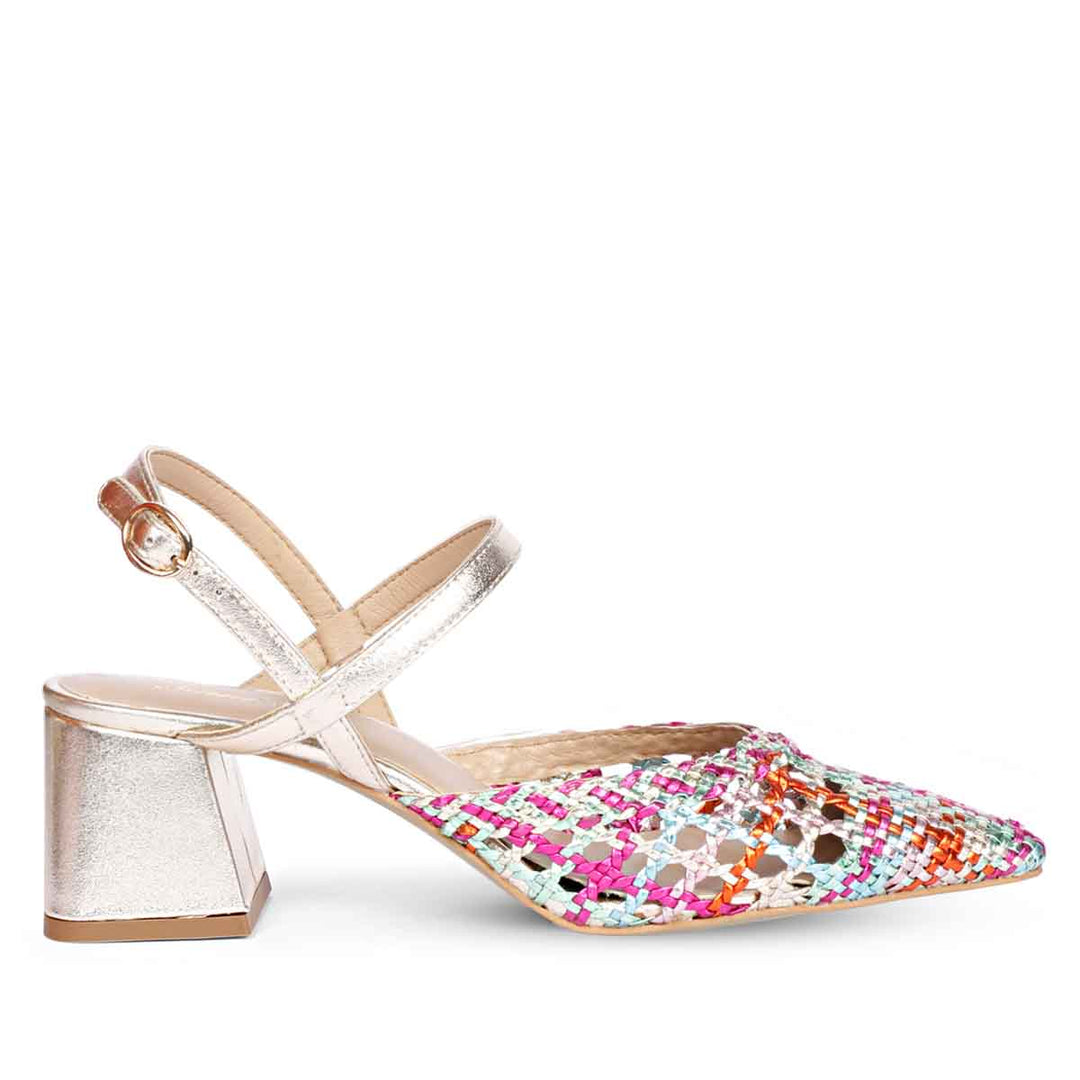 Low block heels for women multi woven pointed toe – side view