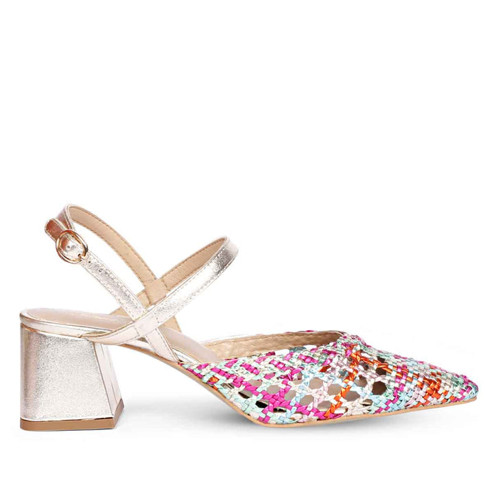 Low block heels for women multi woven pointed toe – side view