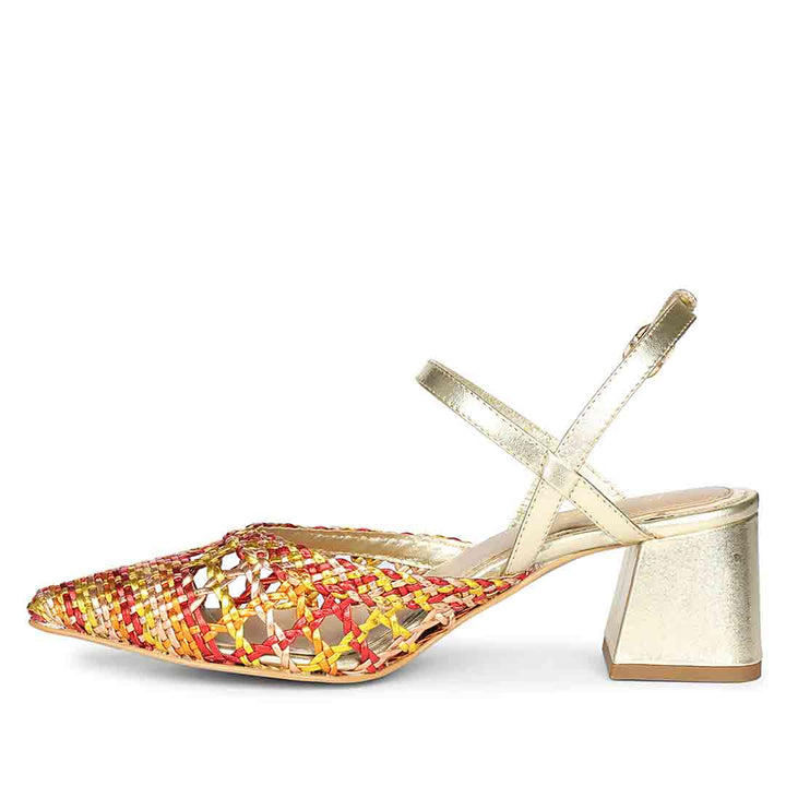 Low block heels for women orange woven gold heel – angle view
