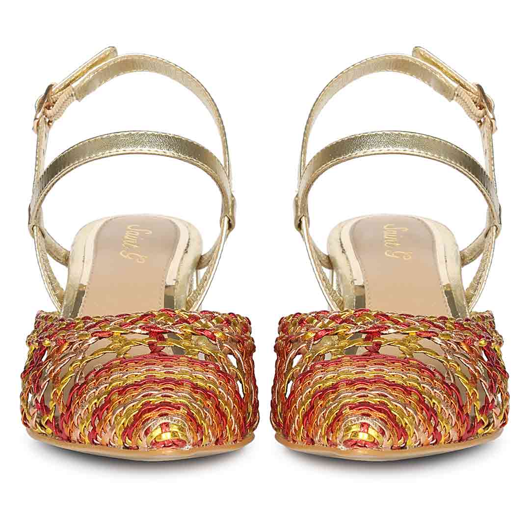 Orange low block heels woven leather sole detail – front view