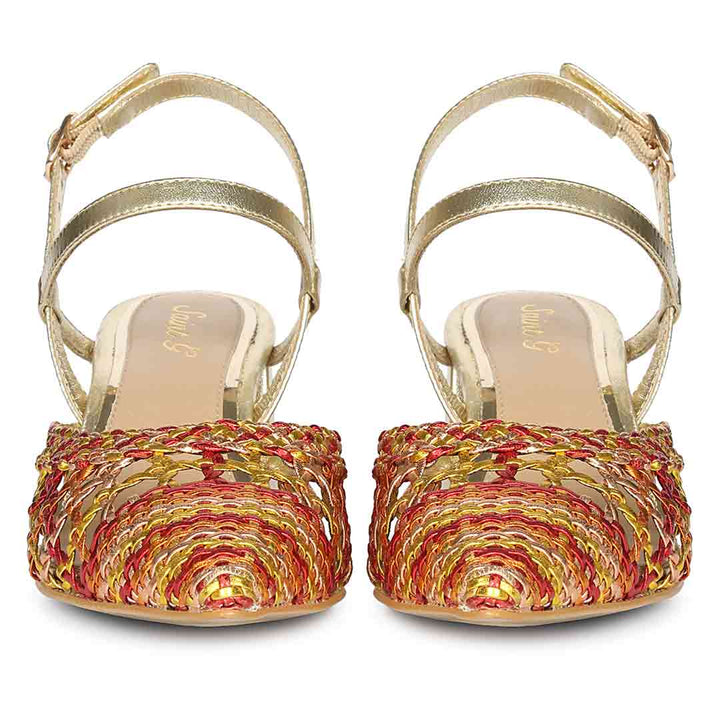 Orange low block heels woven leather sole detail – front view
