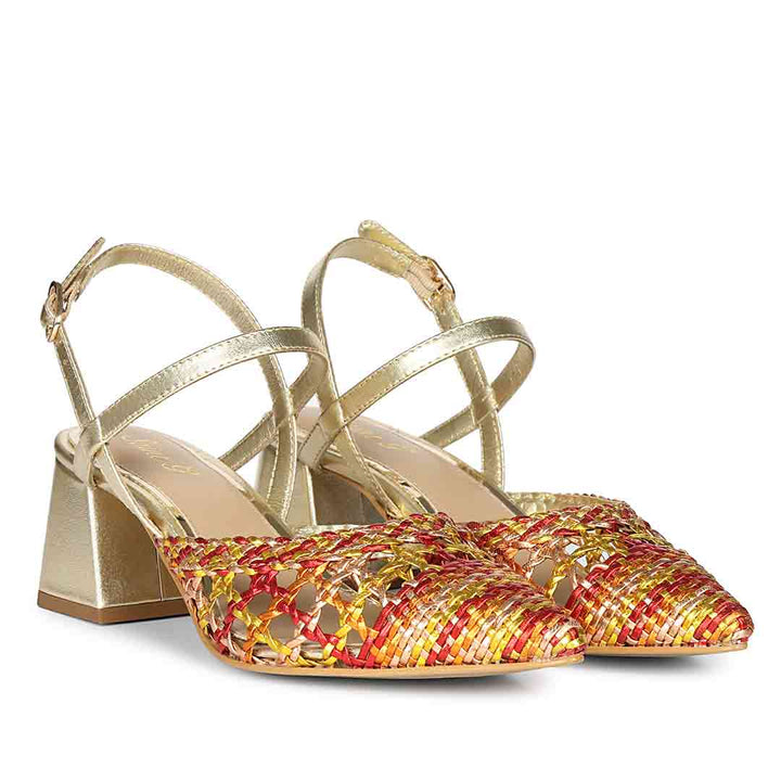 Orange low block heels women's ankle strap close-up – pair angle