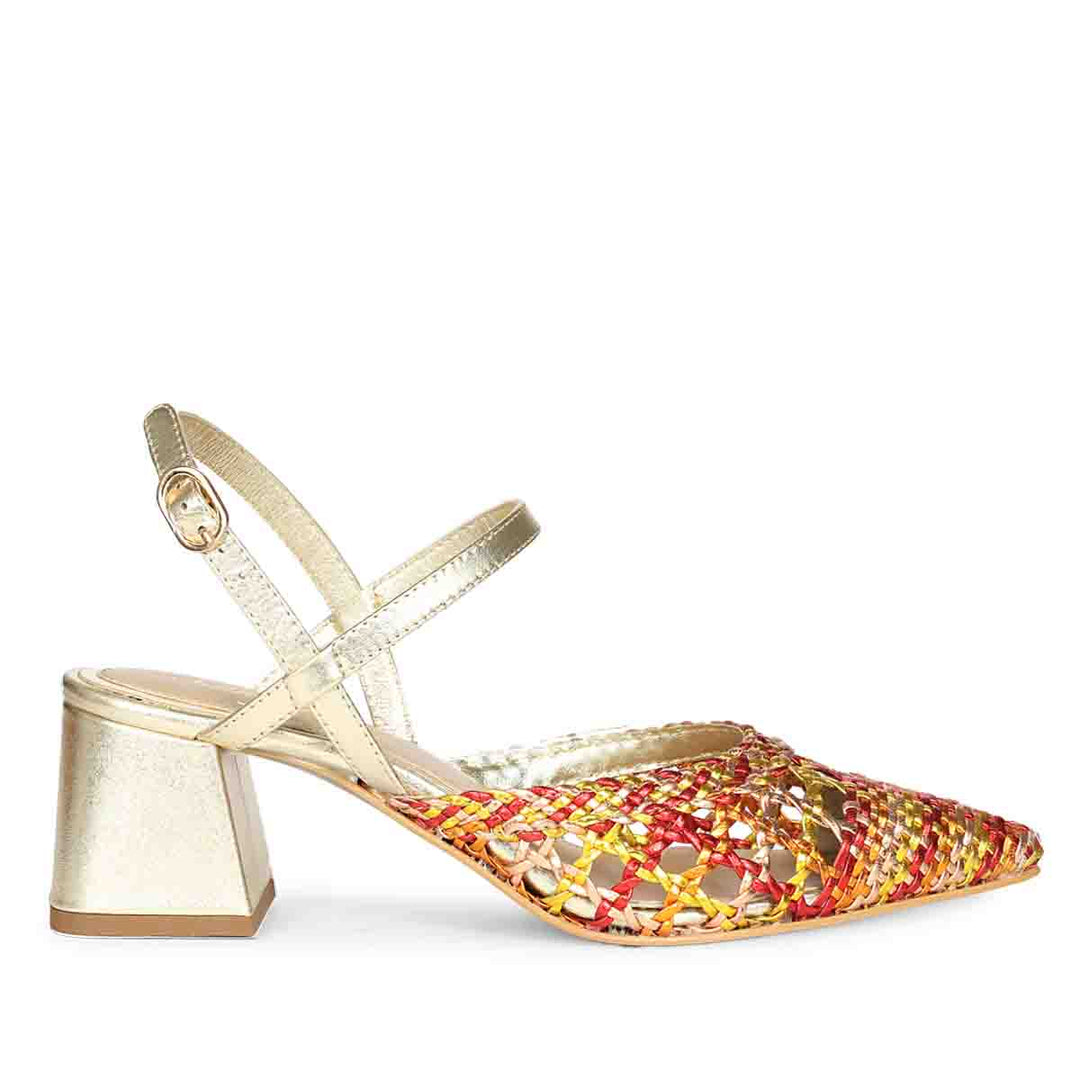 Orange low block heels for women woven pointed toe – side view