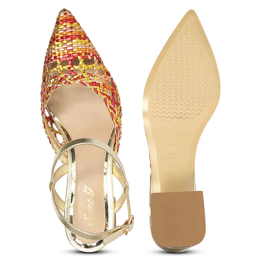 Orange low block heels woven pointed toe sandals – top view