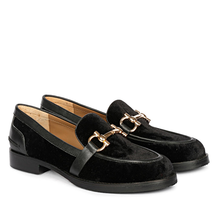 Women's Saint Cinzia black velvet moccasins, angled pair view — best Ladies shoes UK