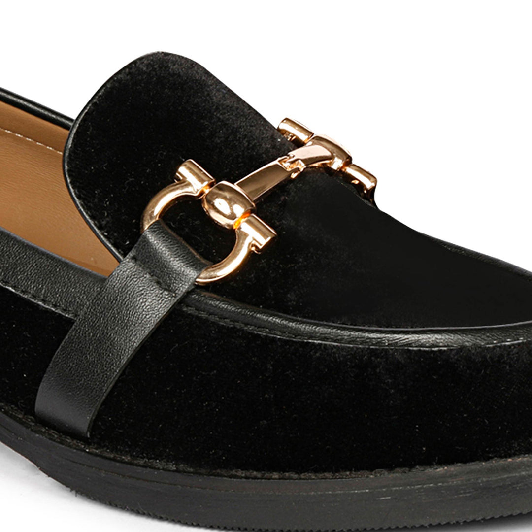 Women's Saint Cinzia black velvet moccasins, close-up detail of gold horsebit trim — best Ladies shoes UK