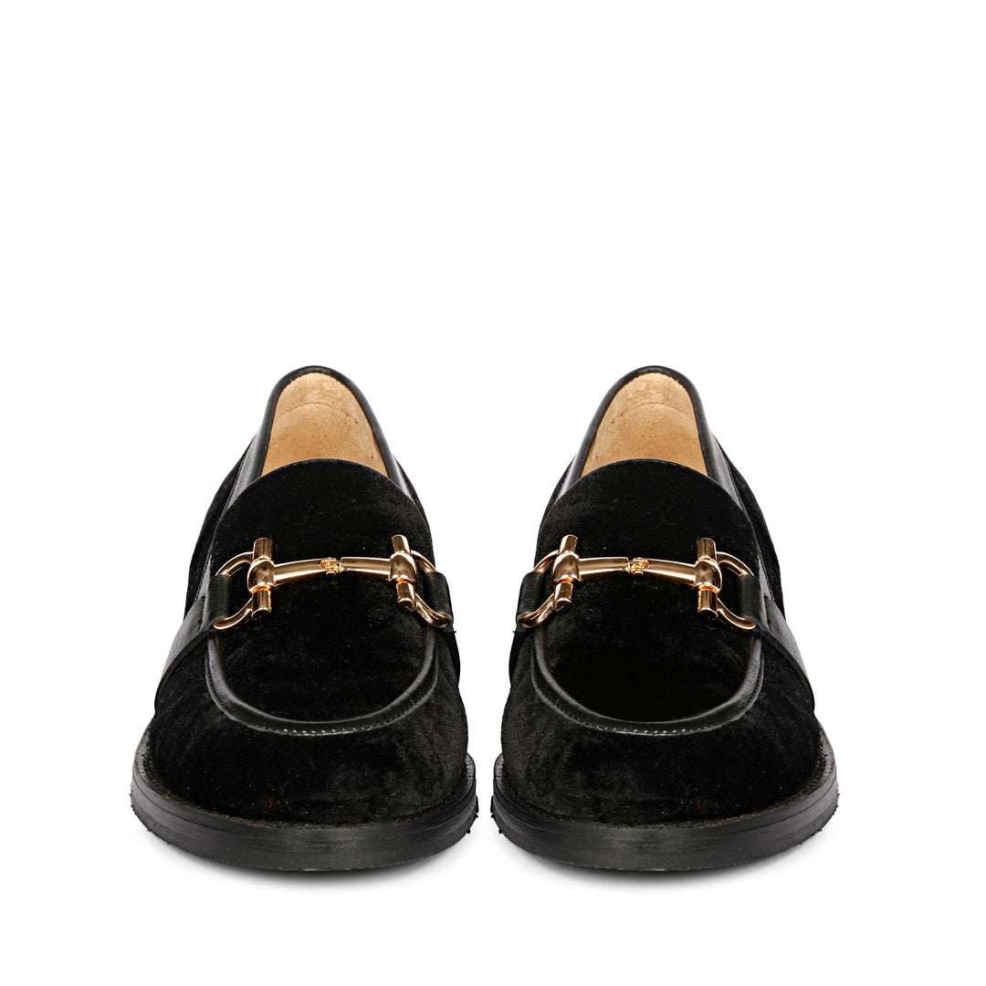 Saint Cinzia black velvet moccasins, front pair view with gold horsebit trim — best Women's Ladies shoes UK