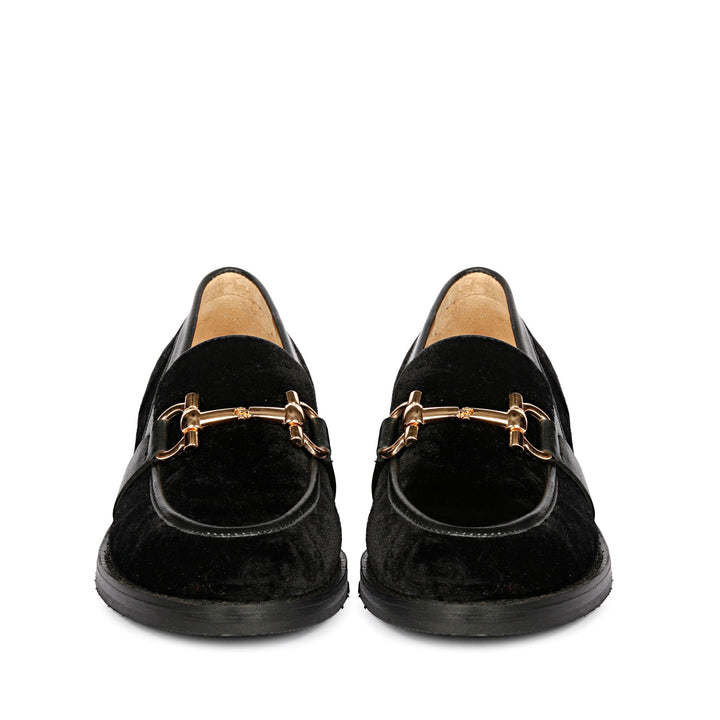 Saint Cinzia black velvet moccasins, front pair view with gold horsebit trim — best Women's Ladies shoes UK