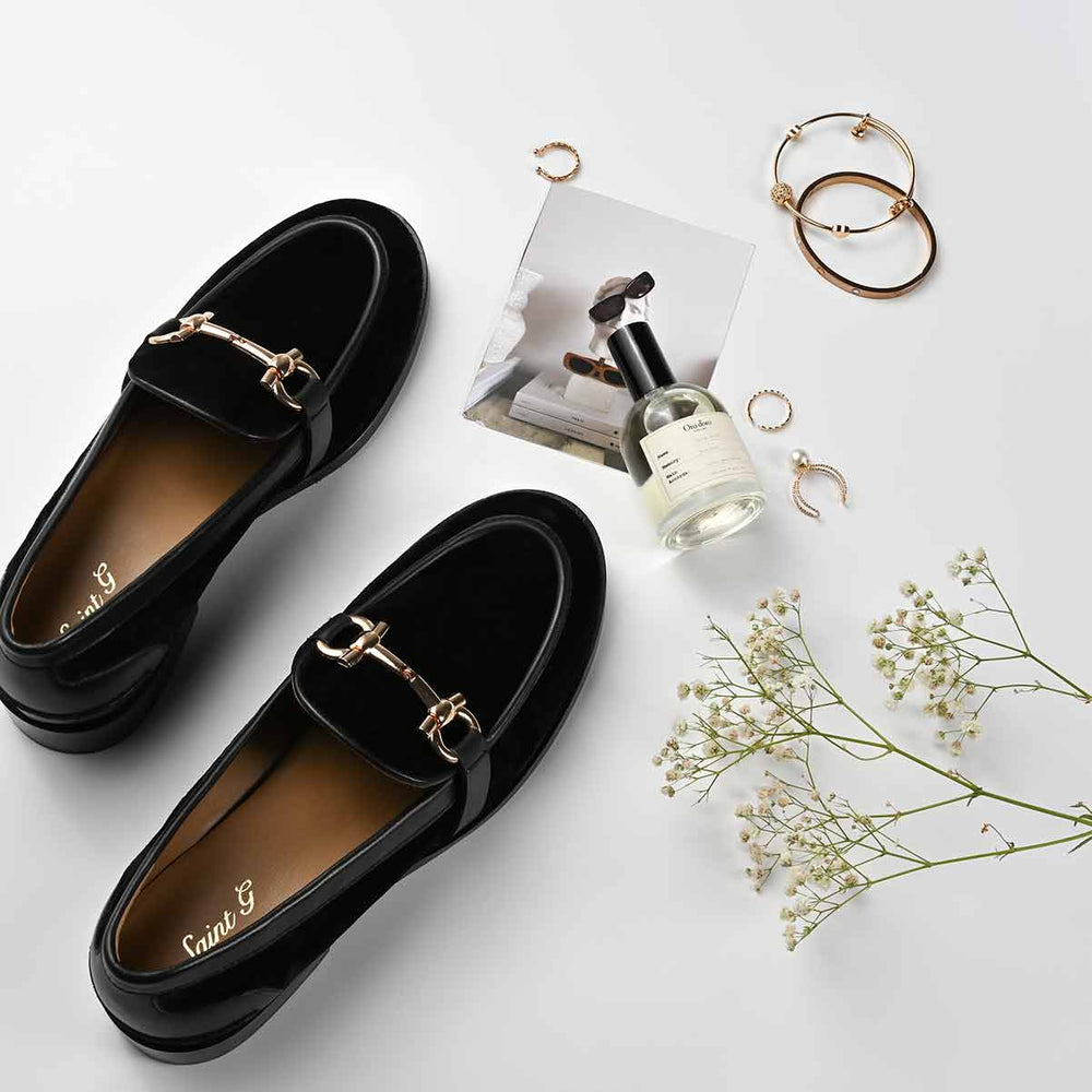 Ladies Saint Cinzia black velvet moccasins, styled flatlay with accessories — best Women's shoes UK