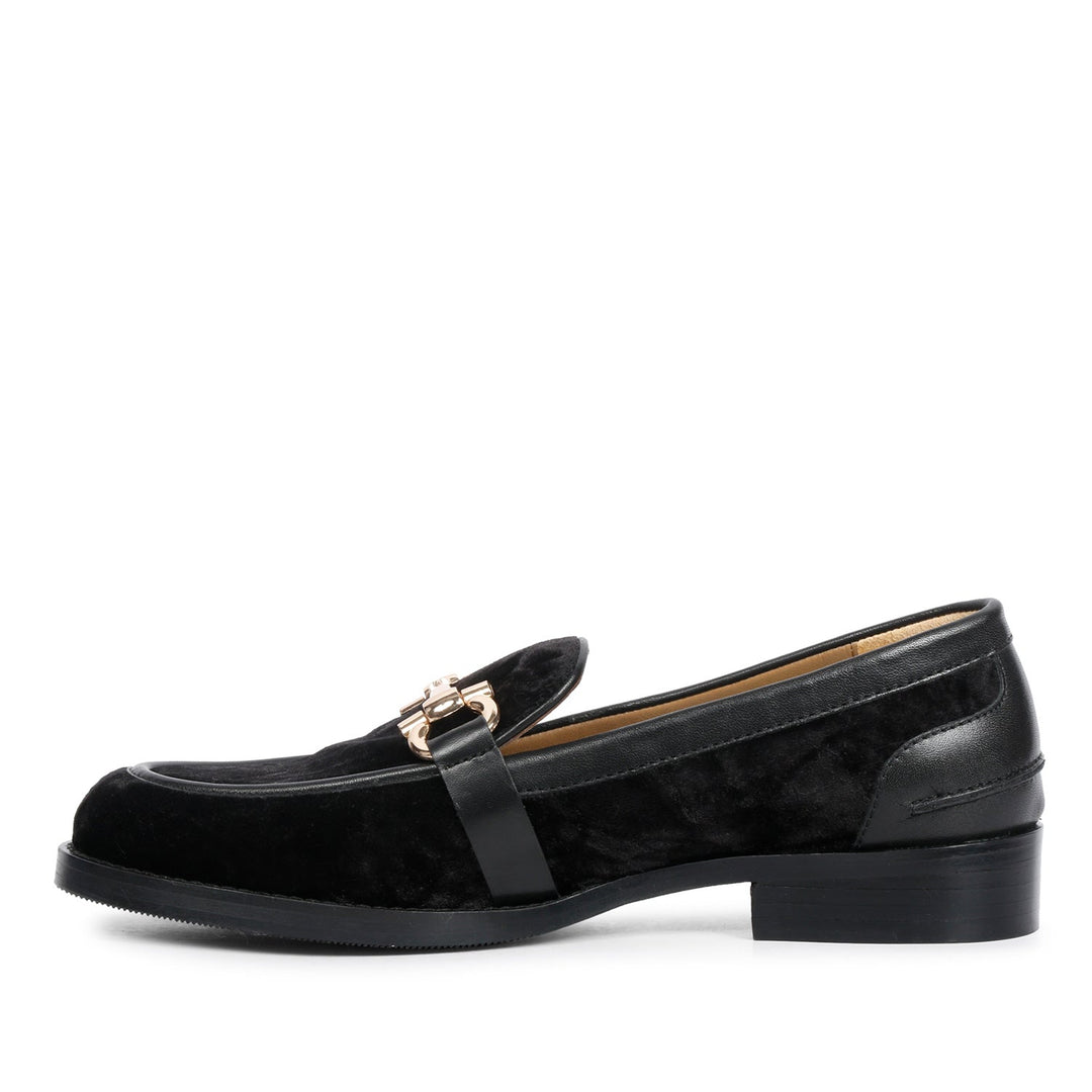 Best Ladies Saint Cinzia black velvet moccasins, alternate side view — Women's shoes UK