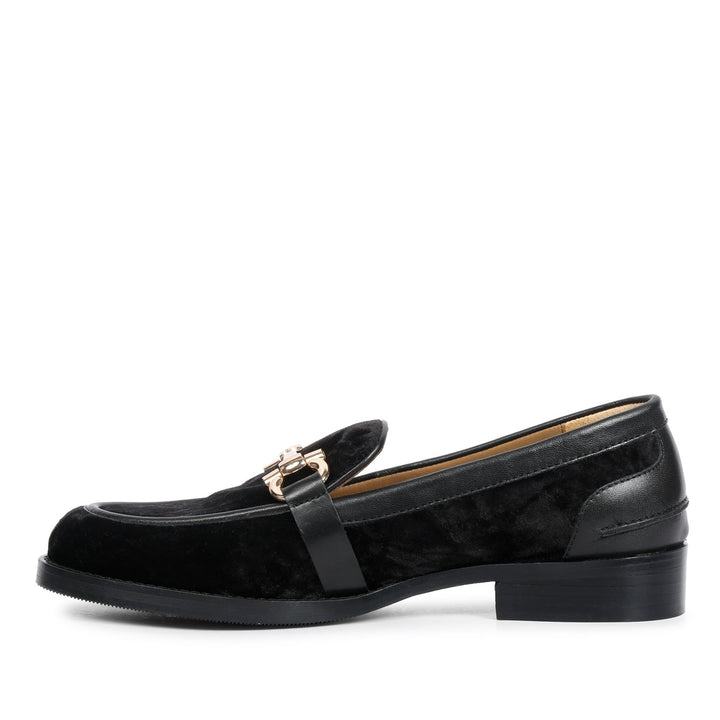 Best Ladies Saint Cinzia black velvet moccasins, alternate side view — Women's shoes UK
