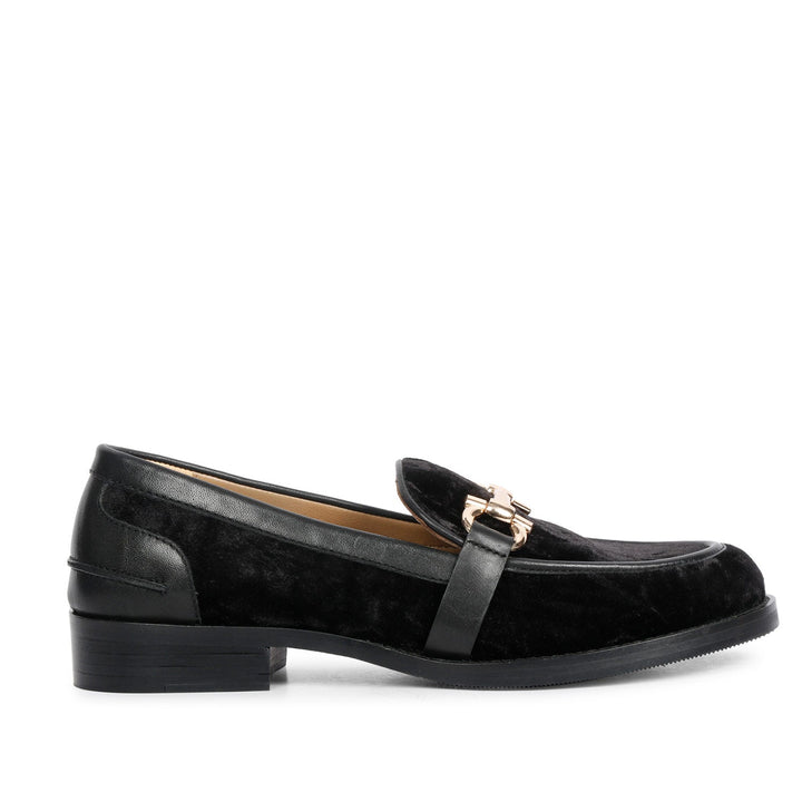 Best Saint Cinzia black velvet moccasins, side profile view with gold horsebit — Women's shoes UK
