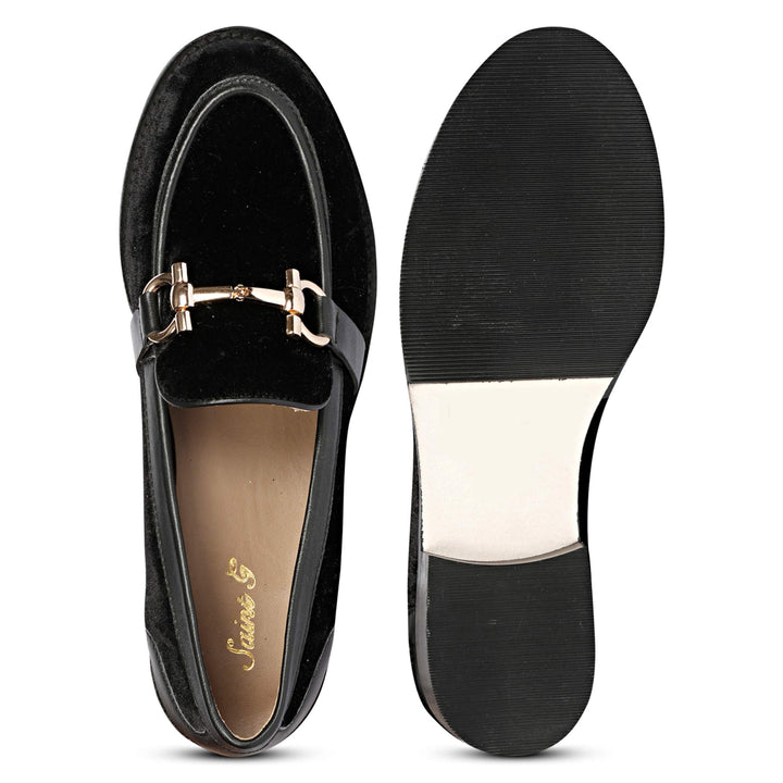 Best Saint Cinzia black velvet moccasins, sole and top view — Women's Ladies shoes UK