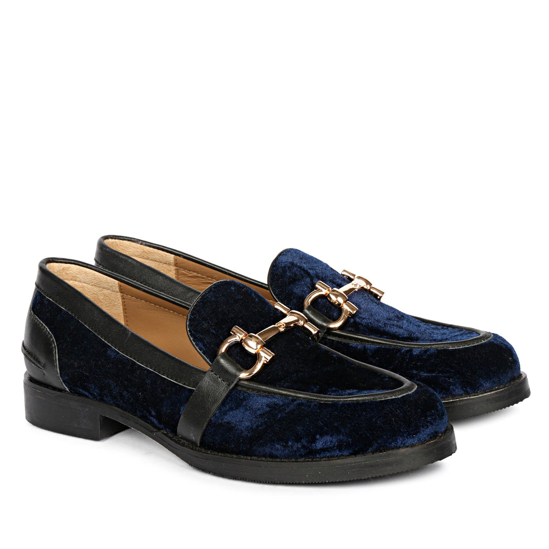 Women's Saint Cinzia blue velvet moccasins, angled pair view — best Ladies shoes UK
