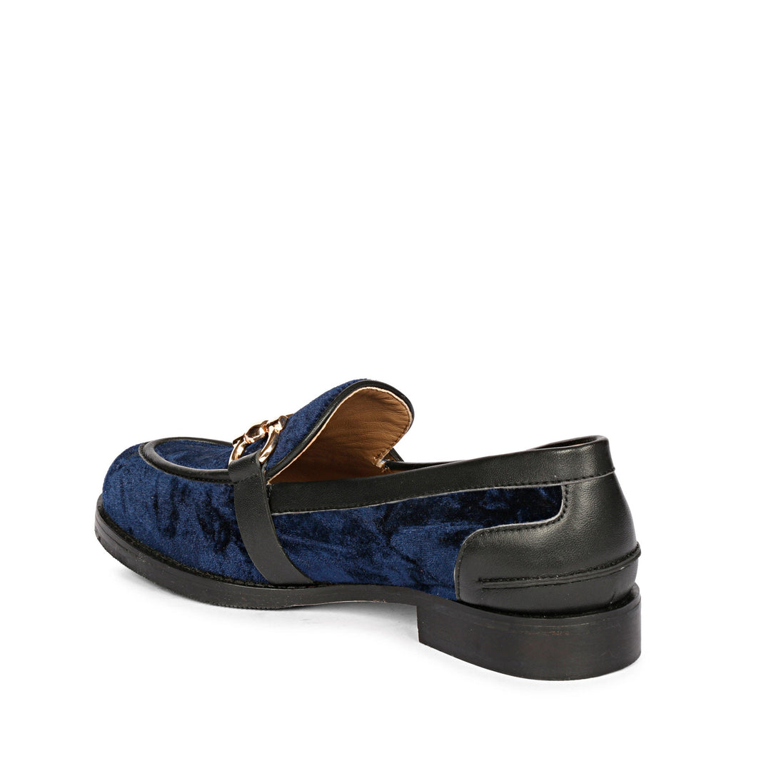 Ladies Saint Cinzia blue velvet moccasins, three-quarter back angle view — best Women's shoes UK