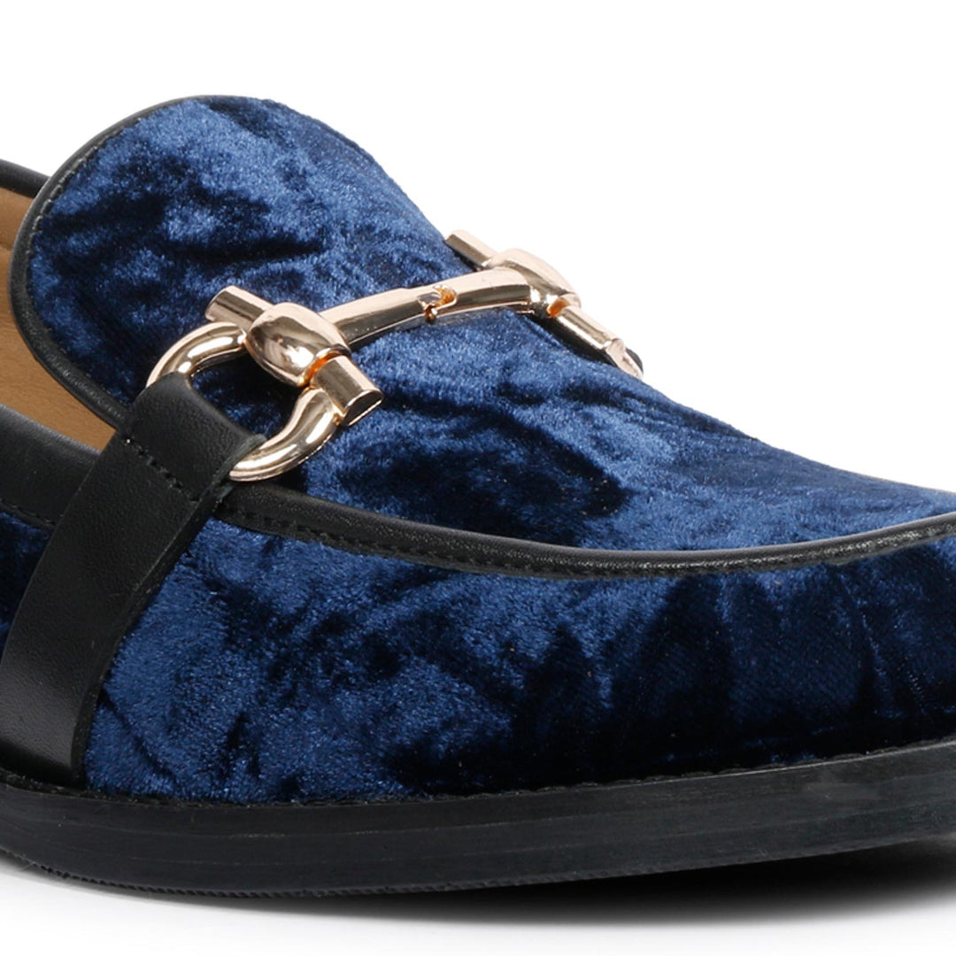 Women's Saint Cinzia blue velvet moccasins, close-up detail of gold horsebit trim — best Ladies shoes UK